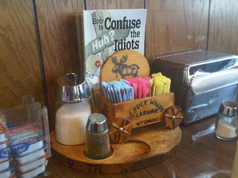Lunching at Chuck Wagon, Laramie, WY. Cactus had to stay in the car.